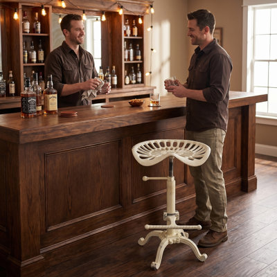 Tabouret de bar blanc rétro patiné à hauteur de tracteur, tabouret pivotant à 360 ° en fonte à hauteur réglable avec manivelle et repose-pieds pour îlot de cuisine et bar