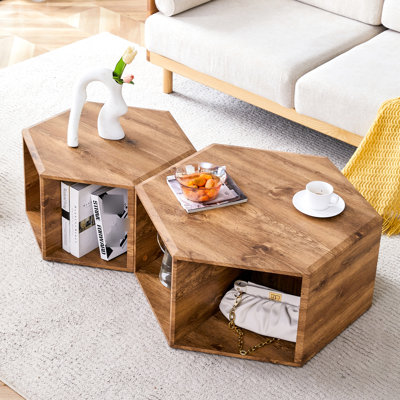 Wood Hexagonal Tables - Stylish Design, Practical Storage, Structure Modern Coffee Wood Color Theme, Spacious Storage Compartments