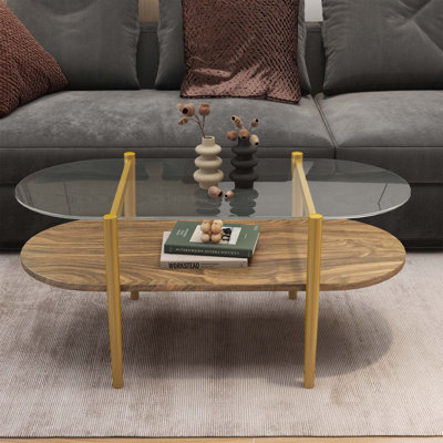 Table basse ovale en verre, design moderne Mid-Century, L 41 x l 21 x H 17 pouces, plateau en verre transparent et tablette en bois, pieds coniques