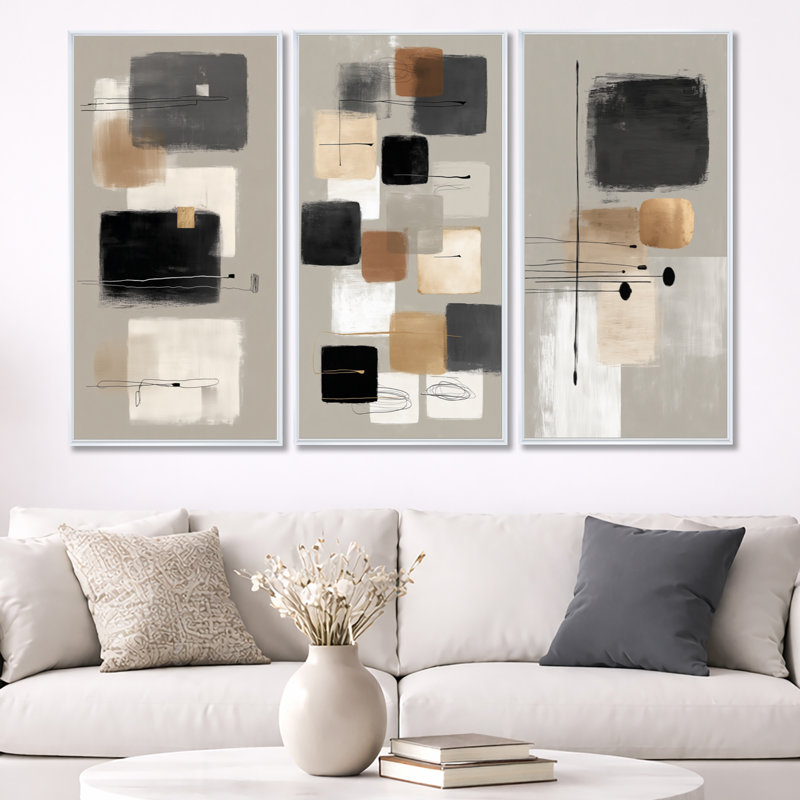 Formes noires avec minimalisme gris, mélange abstrait II - ensemble de 3 reproductions d'art sur toile, H 40 po x l 60 po