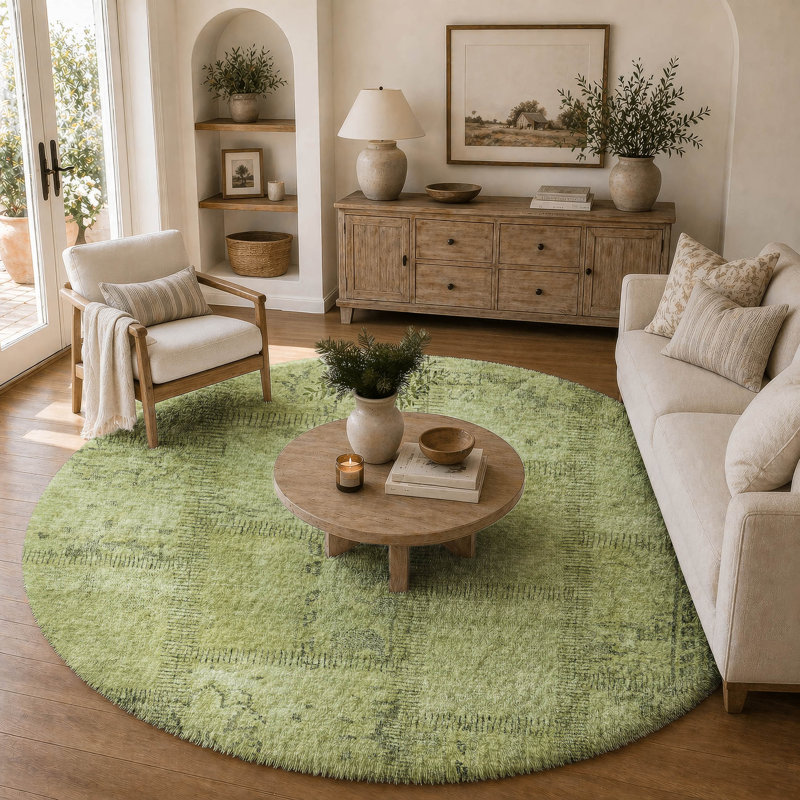 Tapis à poil long de qualité supérieure lavable à la machine ADS685, Fougère, Rond 8 pi