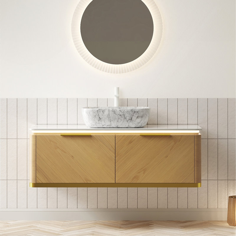 Meuble-lavabo 48 po, meuble de rangement flottant en contreplaqué, tiroirs avec poignée et capteur de lumière, vasque en céramique à motif marbré et plateau en pierre frittée