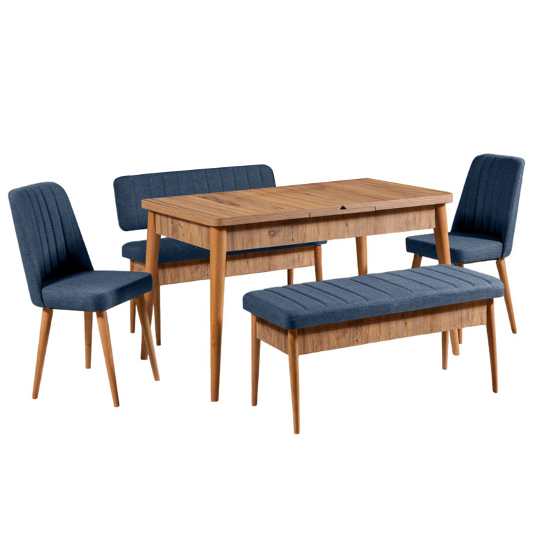 Ensemble de salle à manger Nawrocki, Noyer / bleu foncé, Noyer