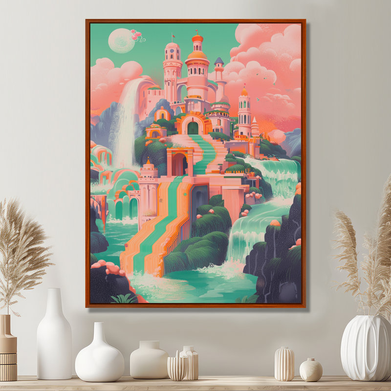 Château magique dans un arc-en-ciel rose - impressions de châteaux, H 32 po x l 16 po, Impression encadrée flottante, Brun