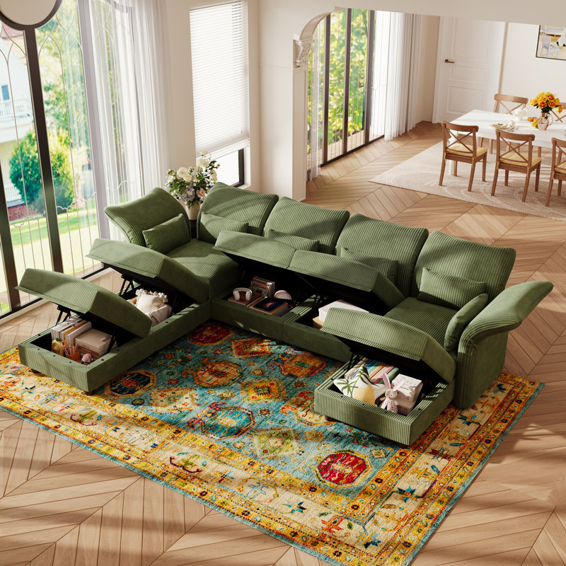 U-Shaped Upholstered Modular Sectional Sofa With Storage, 7 Seat  Corduroy  Couche With Adjustable Arms Backs,Plush Supportive Cushions, Green