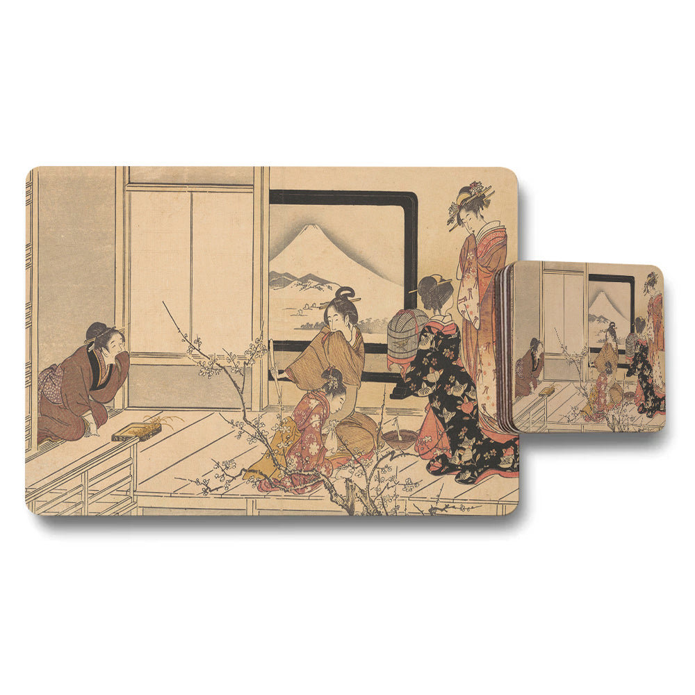 Japanese Ukiyoe Placemats And Coaster Set With Traditional Scene