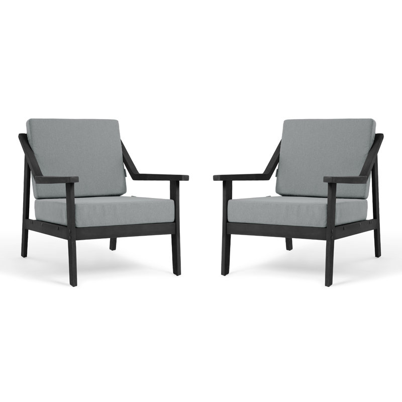 Solid Wood Teak Outdoor Lounge Chairs With Cushion And Arms, Gray, Black