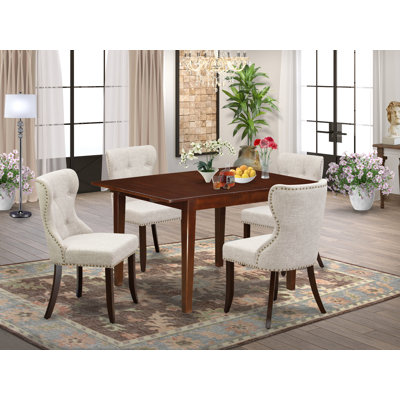 Ensemble de table de salle à manger 5 pièces comprenant une table de cuisine rectangulaire avec rallonge papillon et 4 chaises rembourrées en tissu de lin, acajou