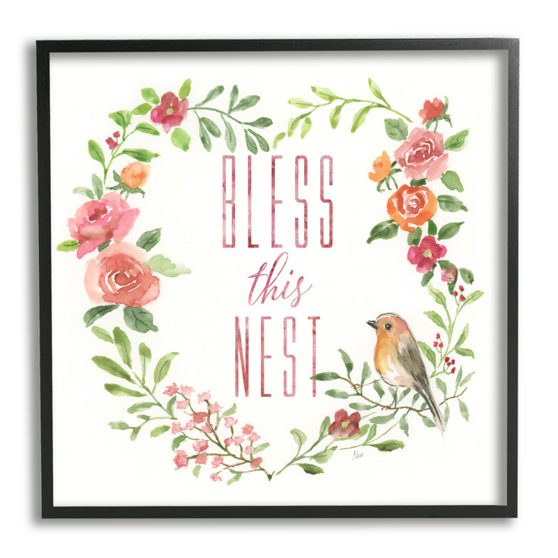 Couronne de cœur «Bless this Nest Family» par Nan - Peinture, H 24 po x l 24 po x P 1,5 po, Giclée encadrée noir minuit