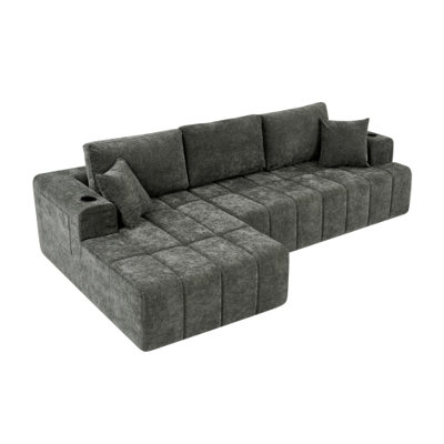 Canapé modulaire en forme de L 108 po avec méridienne en forme de L avec méridienne, canapé de compression rembourré moderne avec porte-gobelets et poches de rangement latérales pour espaces de vie, installation instantanée sans outil