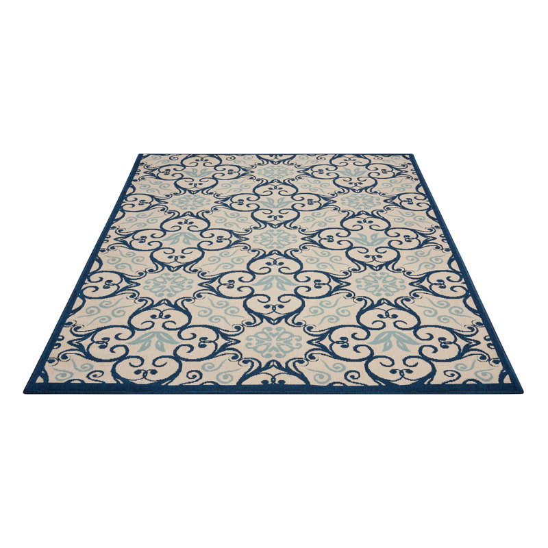 Lewis Damask Ivory/Navy Indoor/Outdoor Area Rug, Rectangle 2'6" x 4'
