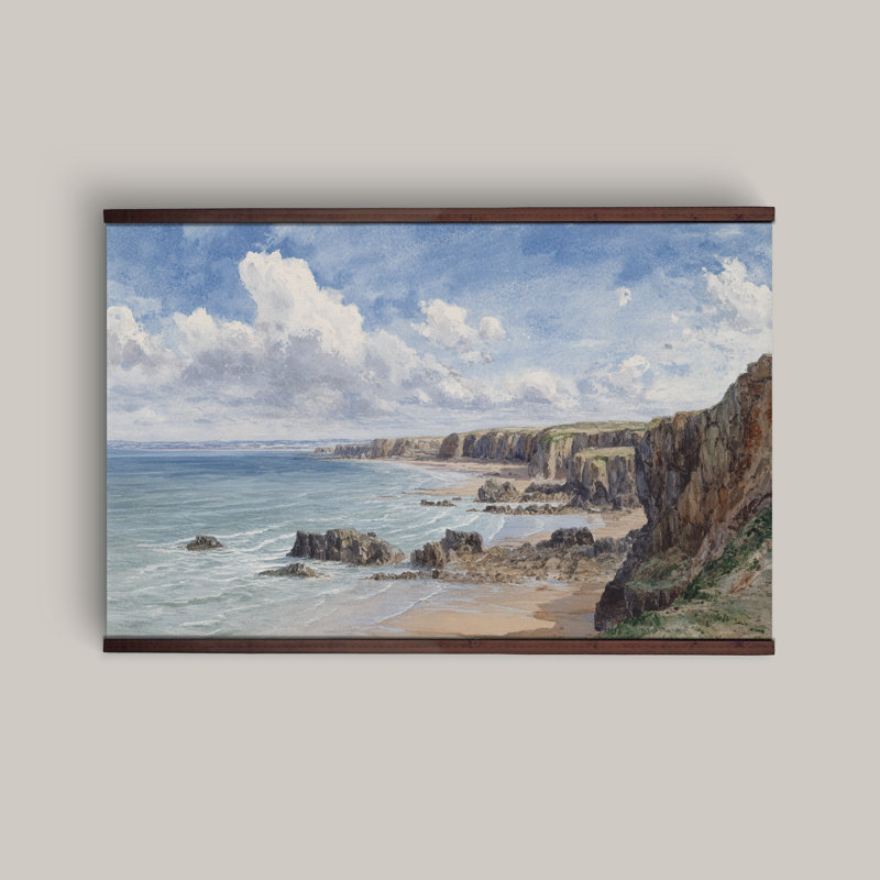 Peinture sur toile côtière, très grande tapisserie, vue sur l'océan avec ciel bleu et rivage rocheux, H 40 po x l 60 po