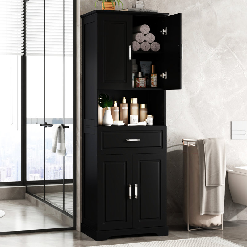 Armoire de salle de bain haute avec quatre portes, Noir