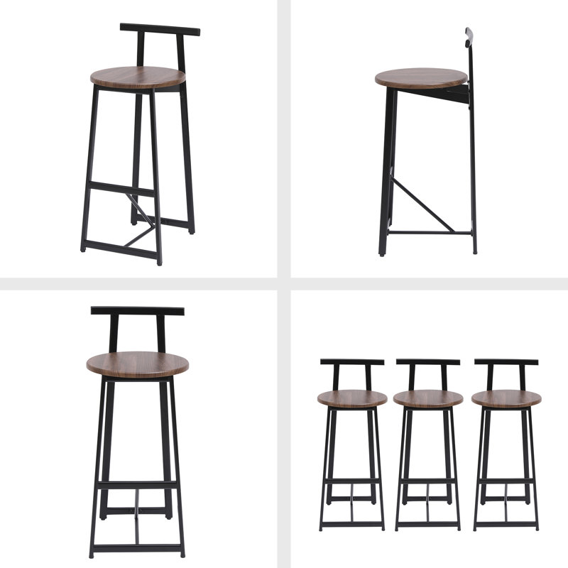 Set Of 3 Wooden Round Bar Stools With Backrest, Footrest And Metal Legs, Brown