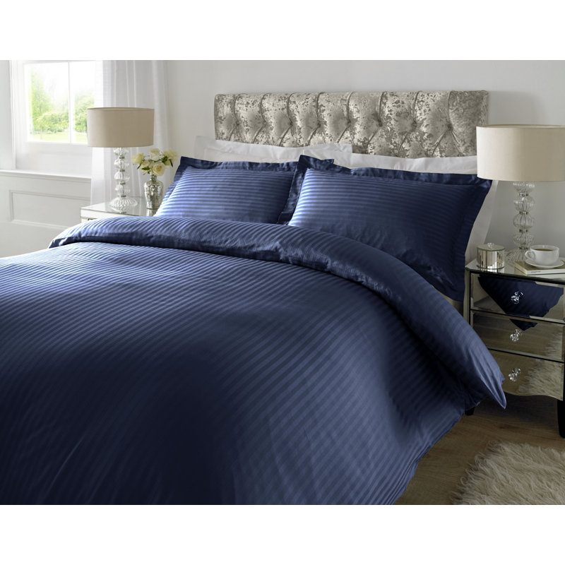 Satin Striped Duvet Cover Set with Pillowcases, Navy, Single - 1 Standard Pillowcase