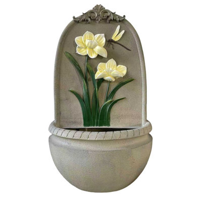 Fontaine murale d'extérieur 31 "en H avec pompe - Fleur jaune avec libellule et grille