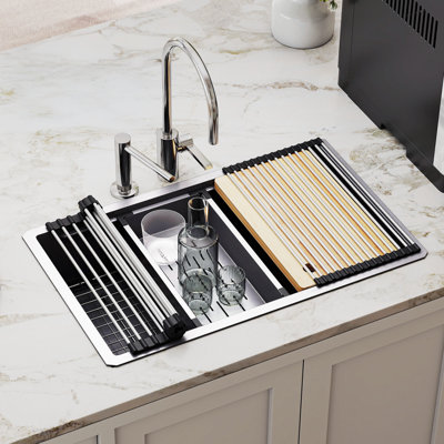 32" Undermount Kitchen Sink Workstation, 304 Stainless Steel, Single Bowl, Honeycomb, Silver
