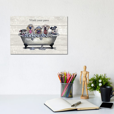 Tub With Dogs, Bathroom Dogs, Wash Your Paws - Gallery-Wrapped Canvas Giclée