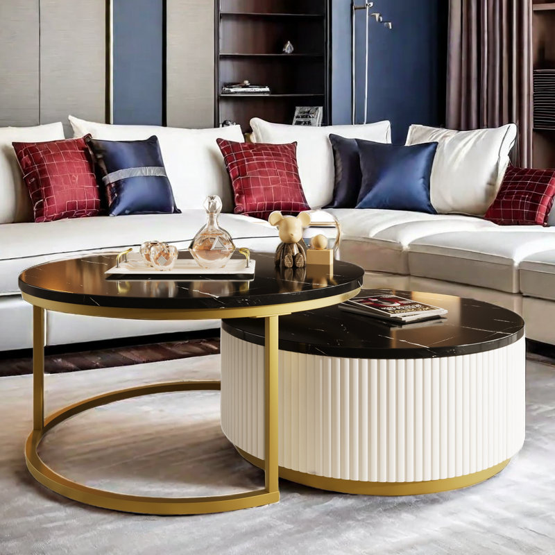 Round Nesting Coffee Table With Fluted Design And Drawers, Black