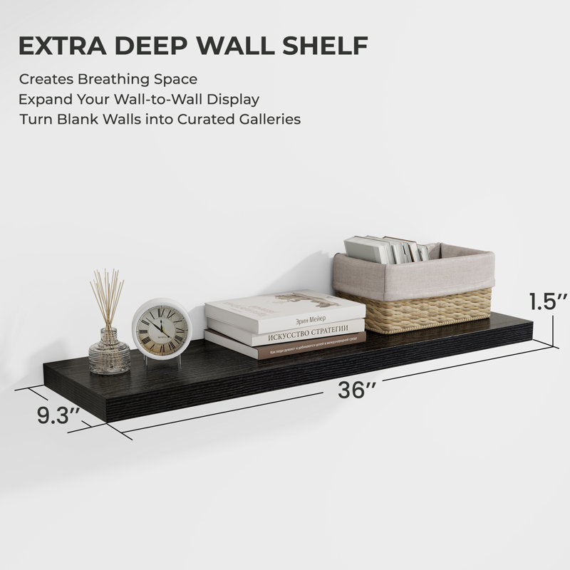 2-Piece 9.3" Extra Deep Wood Floating Shelves, Modern Design Wall Mount Display Shelves, Black, 1.5" H x 36" W x 9.3" D