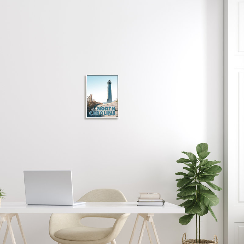 Visitez North Carolina Beach, H 14 po x l 11 po x P 1,5 po, Giclée encadrée blanc bord de mer