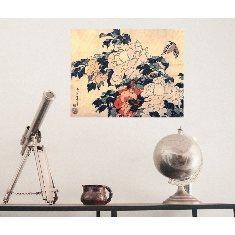 Adhésif mural pivoines et papillon, H 22 po x l 28 po