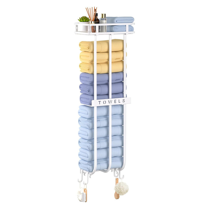 Porte-serviettes mural avec 3 barres et 4 crochets - Porte-serviettes de salle de bain robuste pour serviettes roulées, tablette de rangement compacte et cloison en métal pour salle de bain organisée