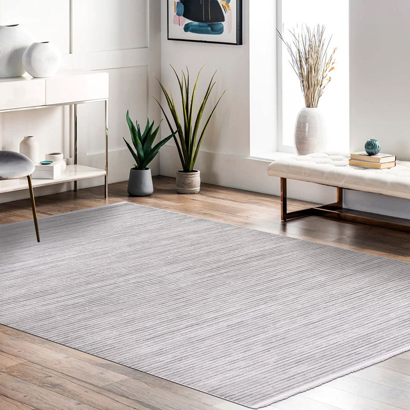 Tapis moderne / rayé gris lavable à la machine antidérapant, Rectangle 3 pi 4 po x 5 pi
