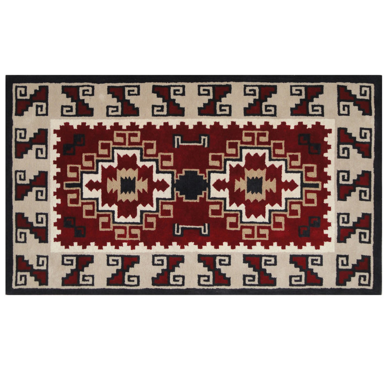 Tapis tribal en laine touffeté à la main rouge et beige 5 pi x 8 pi - motif médaillon géométrique du sud-ouest