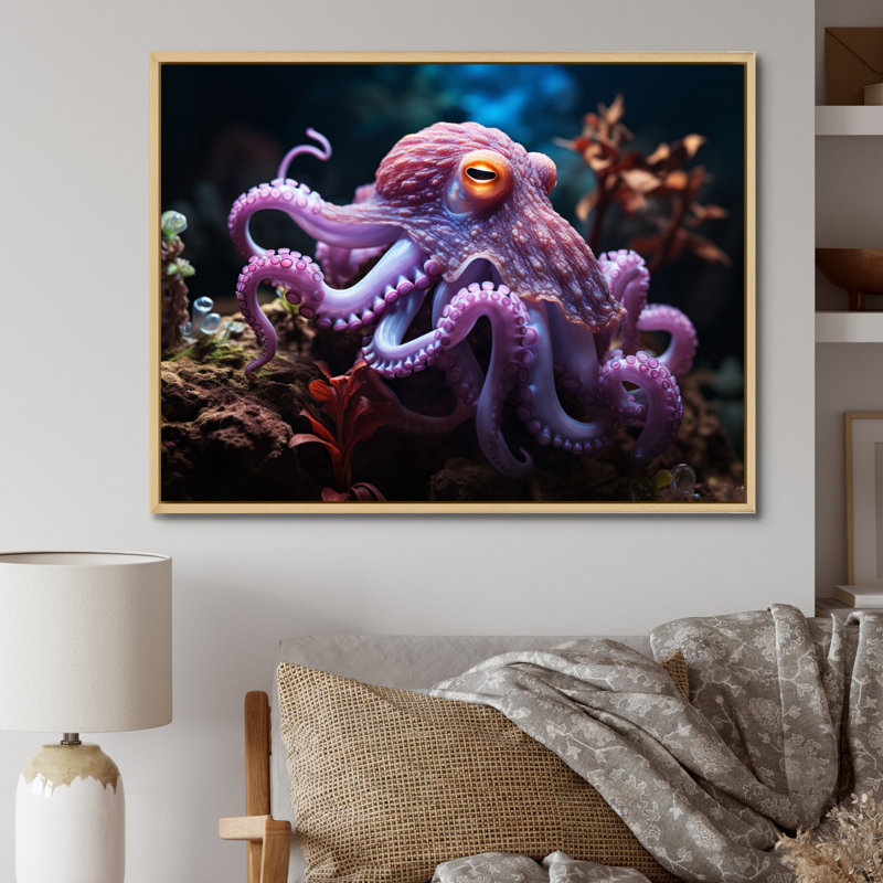 Pieuvre mauve, rencontre mystique sur toile, H 30 po x l 40 po x P 1,5 po, Cadre naturel flottant