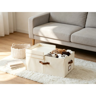 Très grands bacs de rangement en tissu de 55 litres avec couvercle à double ouverture et panneau de séparation, organisateurs de placard pour vêtements, couvertures et linge de maison, pliables avec poignées, paquet de 2, avoine beige