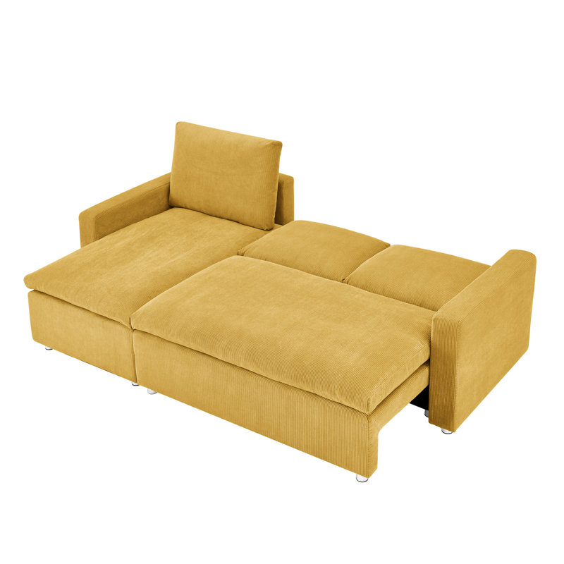 Canapé-lit modulaire à coussin avec revêtement en velours côtelé et lit gigogne escamotable, Jaune