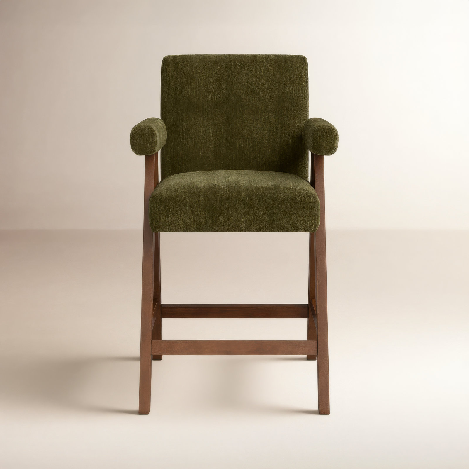 Brittnie 25.5" Full Back Walnut Wood Upholstered Counter Stool With Arms, Green Basketweave