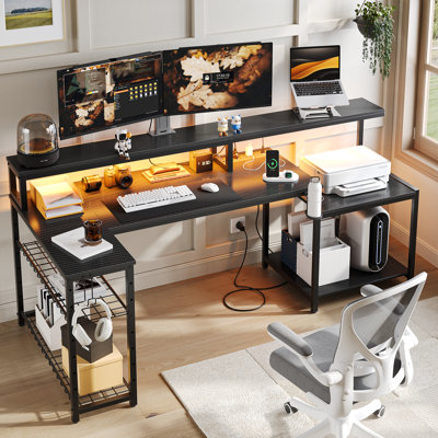 63"U-Shaped Gaming Desk with Power Outlet,Computer Desk with LED Lights & Adjustable Shelf