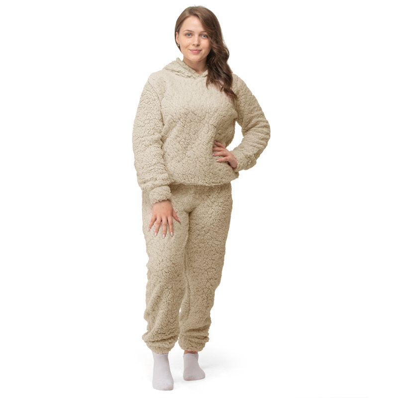 Owego Fleece Bathrobe with Hood, Beige, 63" W x 65" L