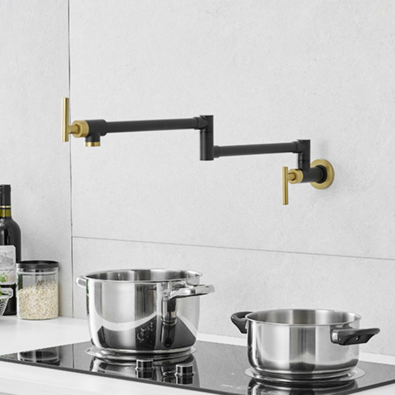 Brass Made Pot Filler, Black & Gold Pot Filler Faucet, Wall Mount Folding Kitchen Sink Pot Filler Faucets, Retractable Single Hole Pot Filler With Two Handles For Sink Stove