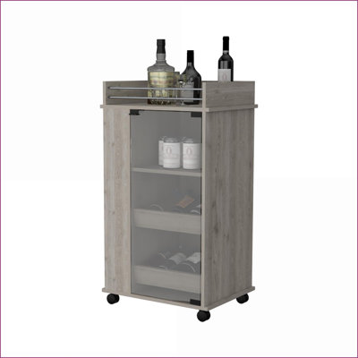 Chariot-bar avec roulettes, porte en verre et amp; 2 tablettes latérales | Moderne | Bois d'ingénierie