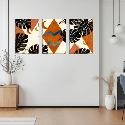 Tableau sur toile à motifs géométriques et feuilles de monstera tropicales, style bohème (lot de 3)