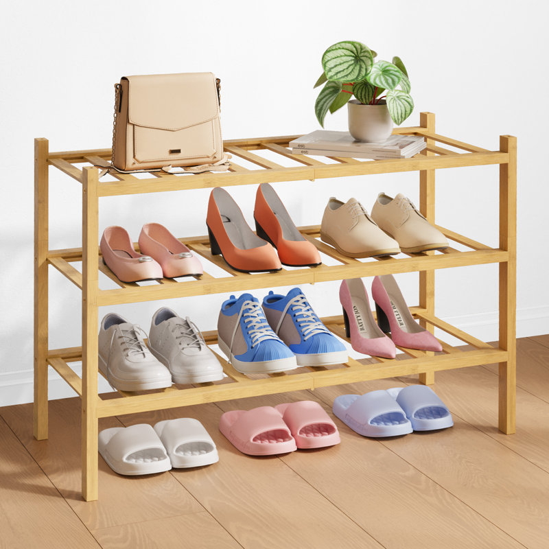 Bamboo Wooden Shoe Rack for Closet - Stackable Shoe Organizer with Modular Structure, Space-Saving Shoe Shelf for Entryway, Living Room, Bedroom, 26.8" x 11" x 18.9", Natural