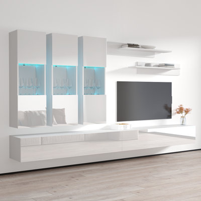 Nardi 126" Modern Floating Wall Mounted Entertainment Center with 16-Color LED Lighting, High Gloss Finish