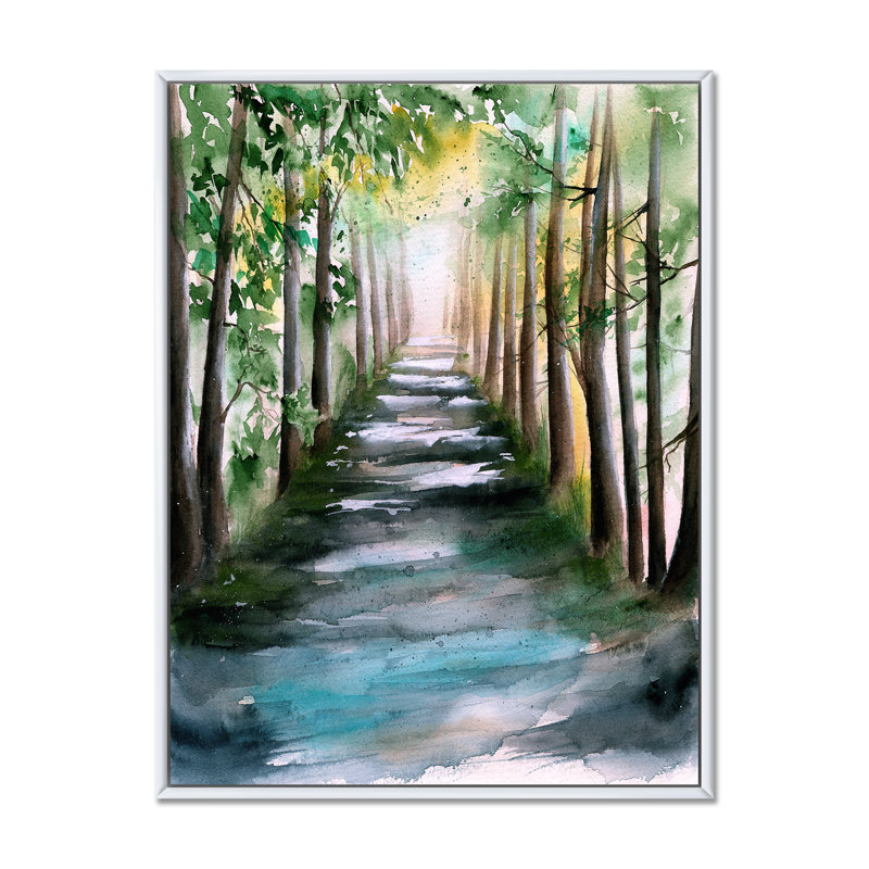 Une allée de forêt ensoleillée avec des ombres d'arbre - peinture sur toile, H 20 po x l 12 po, Toile à cadre flottant blanc