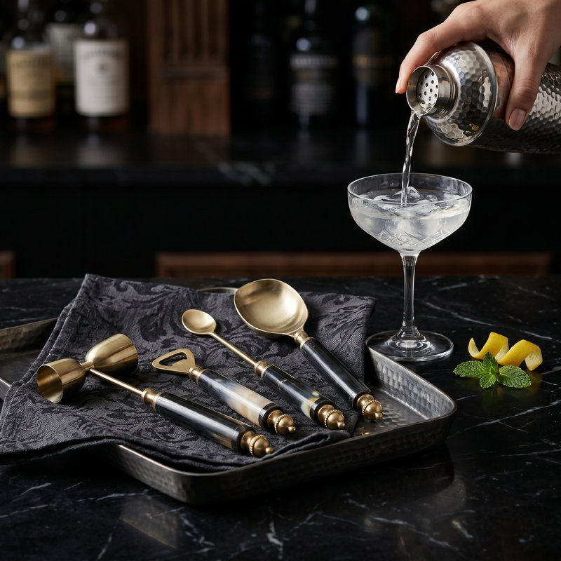 Ensemble d'accessoires de bar modernes en métal avec manche en marbre pour bar à domicile - Accessoires élégants pour cocktails, présentés dans un coffret-cadeau - Lot de 4, 25 cm, bleu et bronze