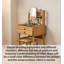 Ensemble de coiffeuse en bambou naturel avec miroir rond, tablettes ouvertes et tabouret assorti