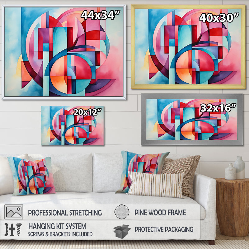 Rose et bleu géométrique en spirale - art mural géométrique, Cadre doré à coins fermés, H 30 po x l 40 po x P 1,5 po