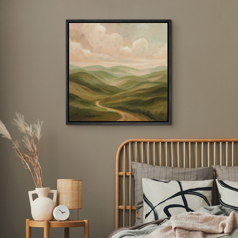 «Soft Green Hills and Winding Path Landscape», impression sur toile encadrée, Cadre flottant noir