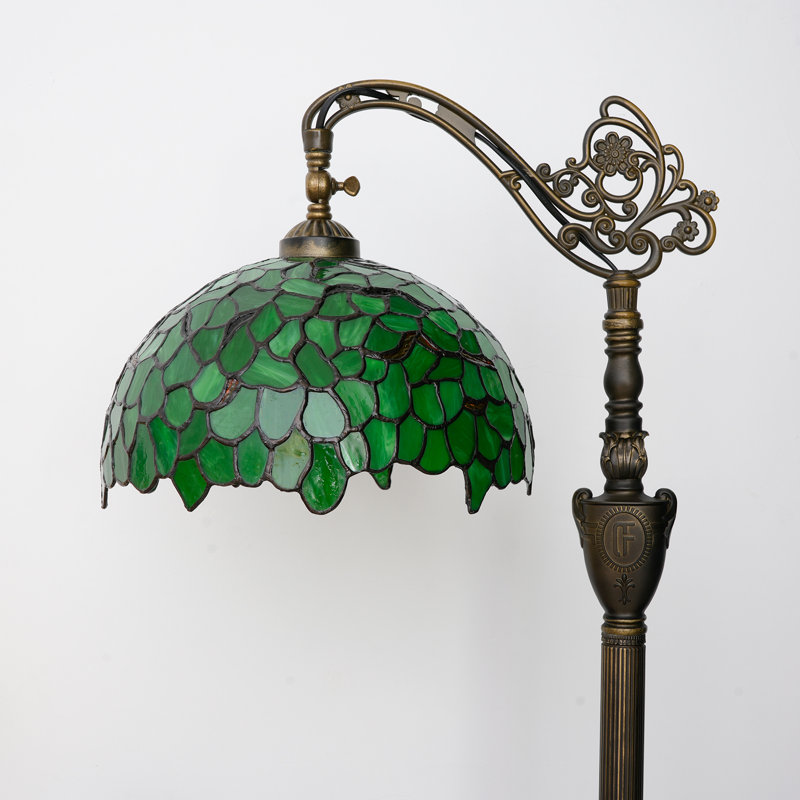 63"H Tiffany Style Floor Lamp with Stained Glass Shade and Resin Basee, Green Leaf Pattern