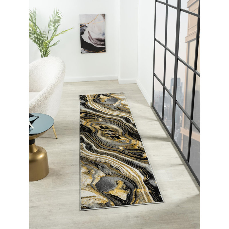 Nason Collection Abstract Black/Gold Area Rug,, Runner 2'2" x 7'9"