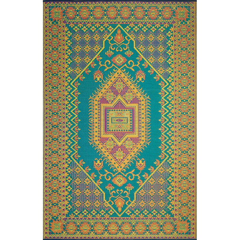 Oriental Turkish Aqua Indoor/Outdoor Area Rug - Reversible, UV Resistant, Rectangle 5' x 8'