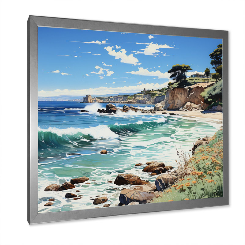 Plage contrastée pointillisme II, H 24 po x l 24 po x P 1 po, Cadre simple argenté