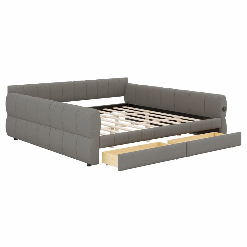 Structure de lit moderne tapissier avec ports USB et 2 tiroirs de rangement, Gris